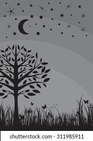 Midnight silhouette tree, grass, moon and stars