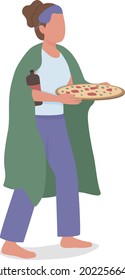 Midnight snacker semi flat color vector character. Full body person on white. Girl with pizza and carbonated drink isolated modern cartoon style illustration for graphic design and animation