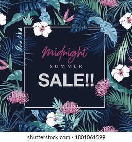 Midnight Summer SALE ,Wedding invitation or card and banner design with exotic dark tropical and flowers and leaves on navy blue background color