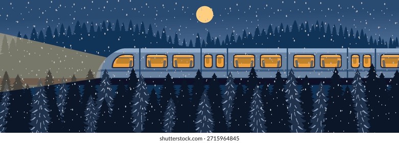 Passeio de Trem à Meia-Noite em uma Floresta de Pinheiros Nevados. Colinas nevadas vistas de um trem noturno. Noite Fria Viajar Por Montanhas.