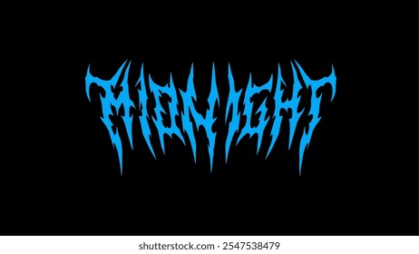 Midnight, typographic logo of the word in a sharp, spiked, and symmetrical style with a dark, intense vibe. Ideal for metal and alternative designs