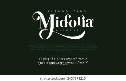 Letras y números del alfabeto romadhon de lujo Midoria. Elegante tipografía de boda islámica ramadán serif fuente decorativa vintage retro. Ilustración vectorial creativa