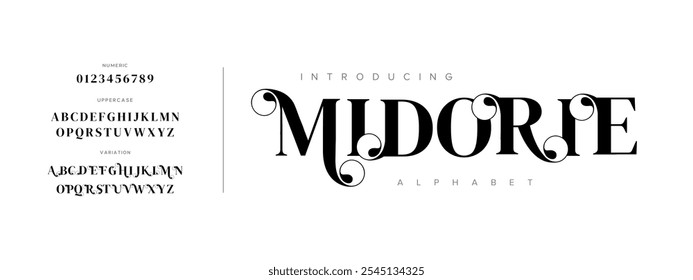 Midorie typography beauty fashion elegant minimalist serif italic fonts decorative wedding vintage retro logos. Minimal luxury font alphabet logo. Vector illustration