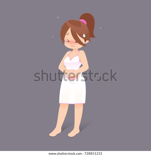 グレイの背景に腹痛を持つ女性の中部 下痢問題のコンセプトを持つ漫画の女の子 ベクターイラスト のベクター画像素材 ロイヤリティフリー