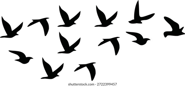 Um rebanho de tamanho médio de silhuetas de pássaros negros voando em um aglomerado, representando a unidade, a liberdade e a beleza da natureza.