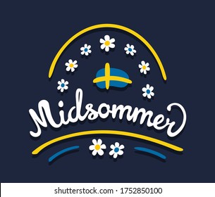 Midsommar or Midsummer in swedish language. Summer solstice celebrated in Sweden and scandinavian countries in june. Digital drawn vintage calligraphic lettering with flag and flowers.