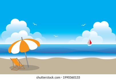 Midsummer blue sky, sea and sandy beach landscape illustration