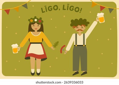 Midsummer celebrating, couple - woman and man, summer solstice day, ligo - latvian national summer event, people with beer. Vector illustration	