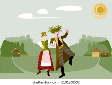  Midsummer is a celebration of summer and light, and is one of the most celebrated holidays in Sweden,Estonia,Lithuania,Latvia. June festival party. Vector illustration.EPS 8.