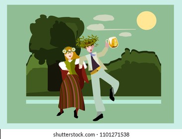 Midsummer is a celebration of summer and light, and is one of the most celebrated holidays in Sweden,Estonia,Lithuania,Latvia. June festival party. Vector illustration.EPS 8.