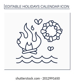 Midsummer eve line icon. Celebrate beginning of summer holidays. Lakeside bonfires, wreaths, parties, and dancing.Holidays calendar concept. Isolated vector illustration. Editable stroke
