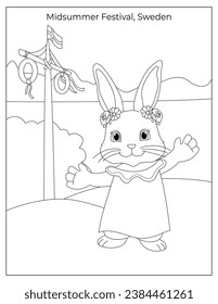 Midsummer Festival Celebration in Sweden with cute rabbit coloring page for kids