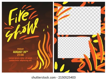 Midsummer Fire Show Double Sided Flyer Template With Two Photo Frame Masks, Bonfire, Flame Clipart And Modern Calligraphy Text On The Dark Background. 