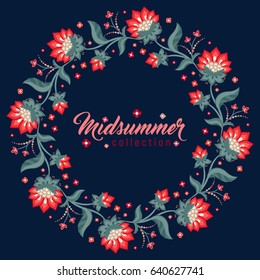 Midsummer floral vintage frame, Jacobean embroidery style flowers. Colorful herbal wreath on dark. Vector illustration. Herbal collection, red meadow flowers. Dark blue summer night background