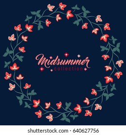 Midsummer floral vintage frame, Jacobean embroidery style flowers. Colorful herbal wreath on dark. Vector illustration. Herbal collection, red meadow flowers. Dark blue summer night background