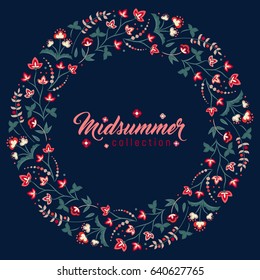 Midsummer floral vintage frame, Jacobean embroidery style flowers. Colorful herbal wreath on dark. Vector illustration. Herbal collection, red meadow flowers. Dark blue summer night background