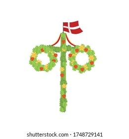 Midsummer floral wreaths, Danish flag, maypole decorated, covered in flowers, leaves. Midsummer traditional symbol in Denmark. Card (Kort) Glad Midsommar. White background. Happy family summer holiday