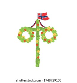 Midsummer floral wreaths, Norwegian flag, maypole decorated, covered in flowers, leaves. Midsummer traditional symbol in Norway. Card Kort Glad Midsommar. White background. Happy family summer holiday