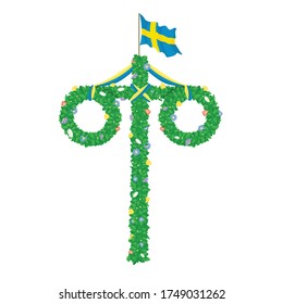 Midsummer floral wreaths, Swedish flag, maypole decorated, covered in flowers, leaves. Midsummer traditional Swedish symbol. Card (Kort) Glad Midsommar. White background. Happy family summer holiday