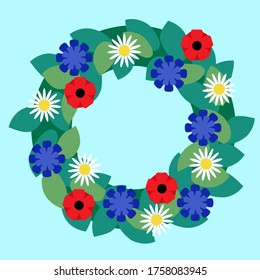 Midsummer Flower wreath with Cornflowers, Poppies and Daisies. A Swedish traditional midsummer decoration. Vector Illustration