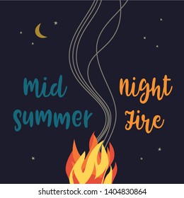 Midsummer holiday fire festival flat poster. Bonfire night. Colorful cartoon flame sign. Burning flaming campfire. Fireplace in summer camp party banner template, flyer background. Vector illustration