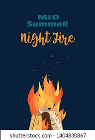 Midsummer holiday fire festival flat poster. Bonfire night. Colorful cartoon flame sign. Burning flaming campfire. Fireplace in summer camp party banner template, flyer background. Vector illustration