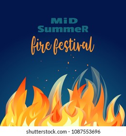 Midsummer holiday fire festival poster. Bonfire night. Colorful cartoon flame sign. Burning flaming campfire. Fireplace in summer camp party banner template, flyer background. Vector illustration