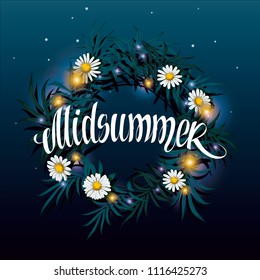 Midsummer lettering. Wreath on the water with reflection of the starry night sky vector illustration. Midsummer holiday background concept.