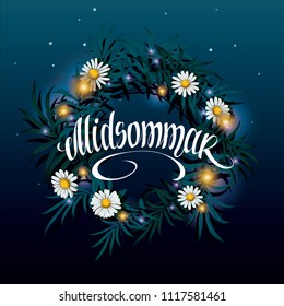 Midsummer lettering. Wreath on the water with reflection of the starry night sky vector illustration. Sveden Midsummer holiday background concept.