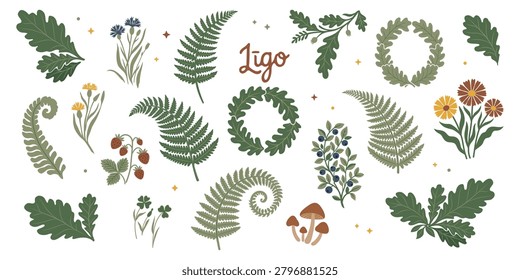 Midsummer Ligo forest vector elements set. Oak leaves wreaths, ferns, wild berries, chanterelle mushrooms, cornflowers and clover for Latvian Jani celebration. Traditional Nordic solstice clip art. Midsummer solstice botanical vector elements clip art. Traditional Nordic summer holiday collection with oak wreaths, fern leaves, forest berries and clover icons. Clean flat design.