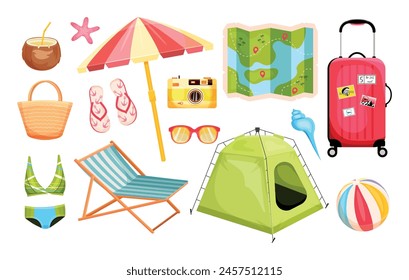 Midsummer. Relaxation and vacation set and collection. Going on a trip. Guidebook, parasol, shells, coconut, suitcase, swimsuit, ball, deck chair. Vector illustration. Adventure and tour. Cartoon icon