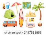 Midsummer. Set of summer icons. Items on travel, vacation, trip. Tent, parasol, car, serving board, guidebook, coconut, sand castle. Sea and heat. Vector illustration. Adventure and tour. Cartoon