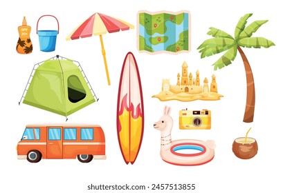 Midsummer. Set of summer icons. Items on travel, vacation, trip. Tent, parasol, car, serving board, guidebook, coconut, sand castle. Sea and heat. Vector illustration. Adventure and tour. Cartoon