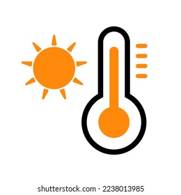 Icono del termómetro de verano medio. Termómetro de alta temperatura y sol. Vector.