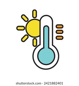 Icono del termómetro de verano medio. Termómetro de alta temperatura y sol. Vector.