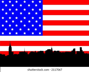 Midtown manhattan New York City skyline against American Flag illustration