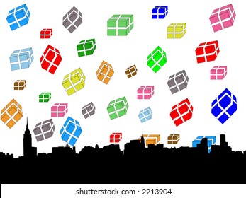 Midtown manhattan New York City skyline at christmas illustration with falling presents