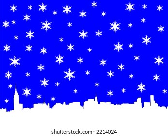 Midtown manhattan New York City skyline in winter illustration with snowflakes