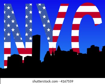 Midtown Manhattan skyline against American flag text illustration