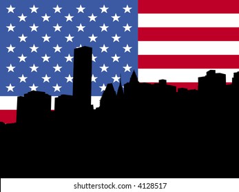 Midtown Manhattan skyline with American flag illustration