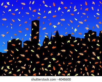 Midtown Manhattan skyline in autumn with falling leaves