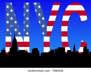 Midtown Manhattan skyline with flag text illustration