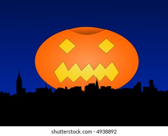 Midtown Manhattan skyline with giant Halloween pumpkin