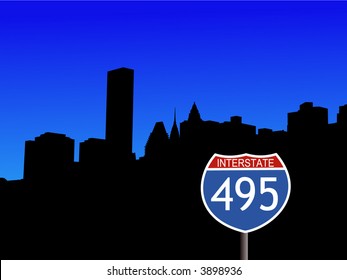 Midtown Manhattan skyline with Interstate 495 sign illustration