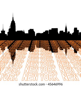 Midtown Manhattan skyline with perspective text outline foreground