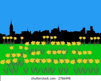 Midtown manhattan skyline in springtime with daffodils illustration