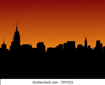 Midtown Manhattan skyline at sunset illustration with over 30 separate buildings in eps format svg