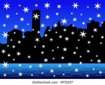 Midtown Manhattan skyline in winter with falling snow