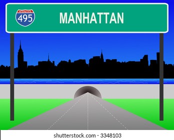 Midtown manhattan, tunnel and interstate 495 sign illustration