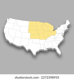 Midwest region location within United States 3d isometric map